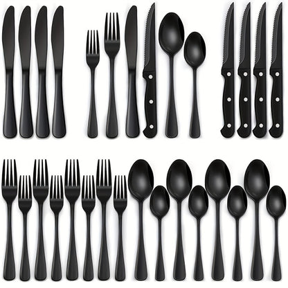36-Piece Black Silverware Set With Steak Knives, Black Flatware Set Food-Grade Stainless Steel Tableware Cutlery Set