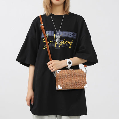 Couple's Sling Bag Straw Weaving with Corner Metal Decoration Boxy Shape Doctor Bag for Date Back to School Party Shoulder Bag