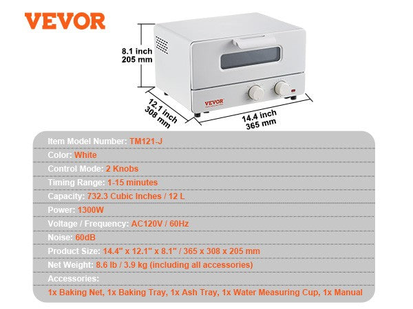 Forno a Vapor Torradeira VEVOR 5 EM 1 12L Forno de Convecção 1300W Forno Torradeira a Vapor de Bancada Combinado com Grelhador Bandeja de Pizza Luvas Branco