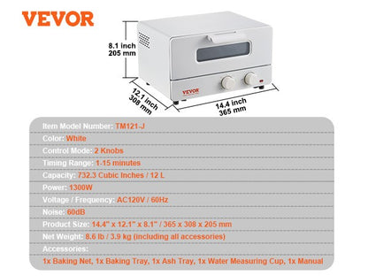 Forno a Vapor Torradeira VEVOR 5 EM 1 12L Forno de Convecção 1300W Forno Torradeira a Vapor de Bancada Combinado com Grelhador Bandeja de Pizza Luvas Branco