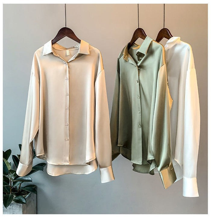 Fall Turn-down Collar Elegant Satin Loose Women Shirt 2025 Plus Size Blouse Autumn Vintage Casual Button Silk Tops