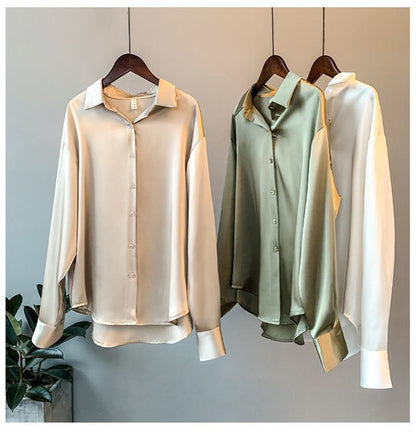 Fall Turn-down Collar Elegant Satin Loose Women Shirt 2025 Plus Size Blouse Autumn Vintage Casual Button Silk Tops