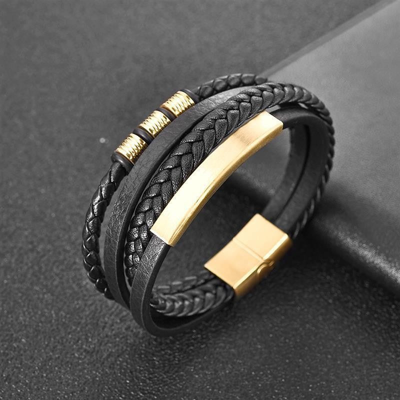 Pulseira de Couro Masculina Punk com Fecho Magnético de Aço Inoxidável Trançado em Camadas Envoltório de Couro Pulseiras Presente Joias Masculinas