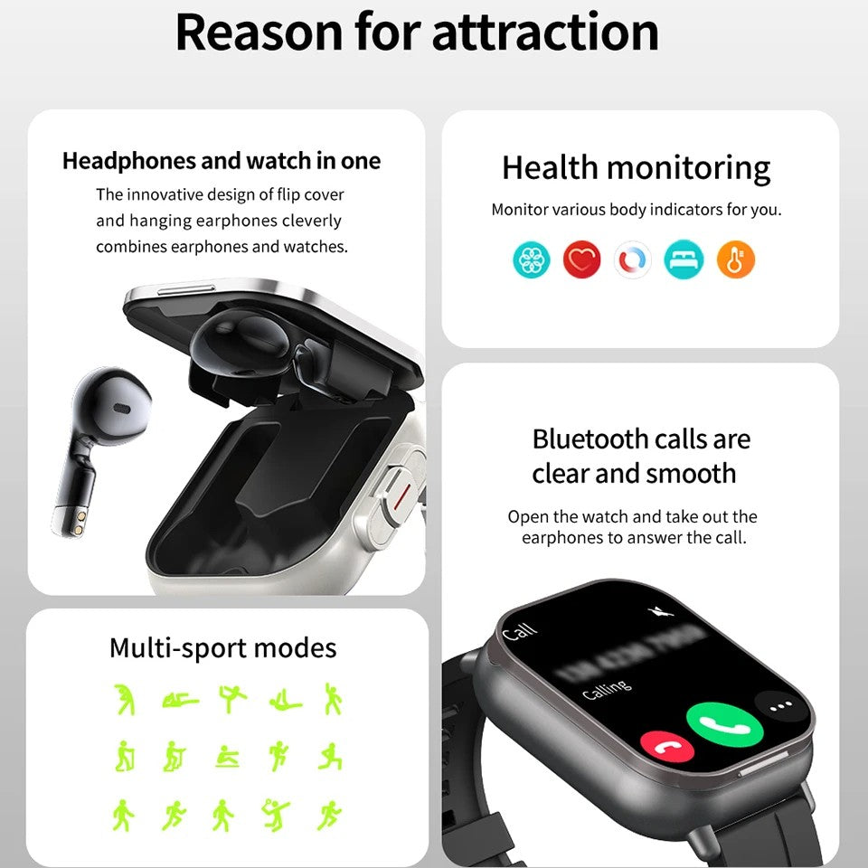 Smartwatch TWS 2 em 1 com fones de ouvido Relógio esportivo fone de ouvido Bluetooth Relógio de chamada Monitor de saúde masculino NFC Smartwatch feminino Fone de ouvido