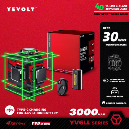 Nível a Laser Verde YEVOLT YVGLL4XS16 Series 4 Planos 16 Linhas Autonivelante 360 3D Ferramentas de Medição de Potência Horizontal e Vertical
