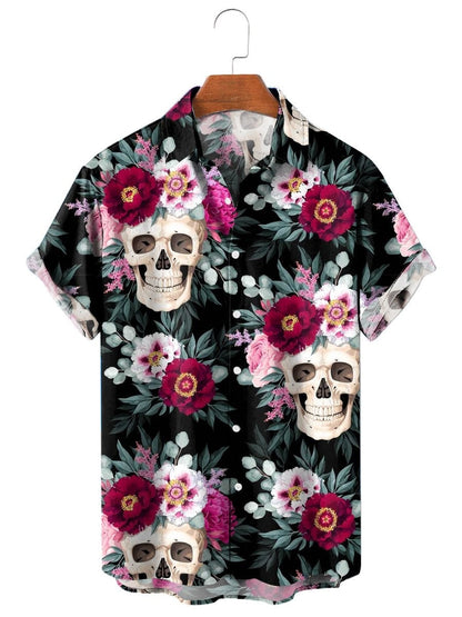 Mexico Sugar Skull Fashion Men's Shirts Funny Skull 3D Print Streetwear Short Sleeve Hawaiian Shirt Print Lapel Shirts For Men