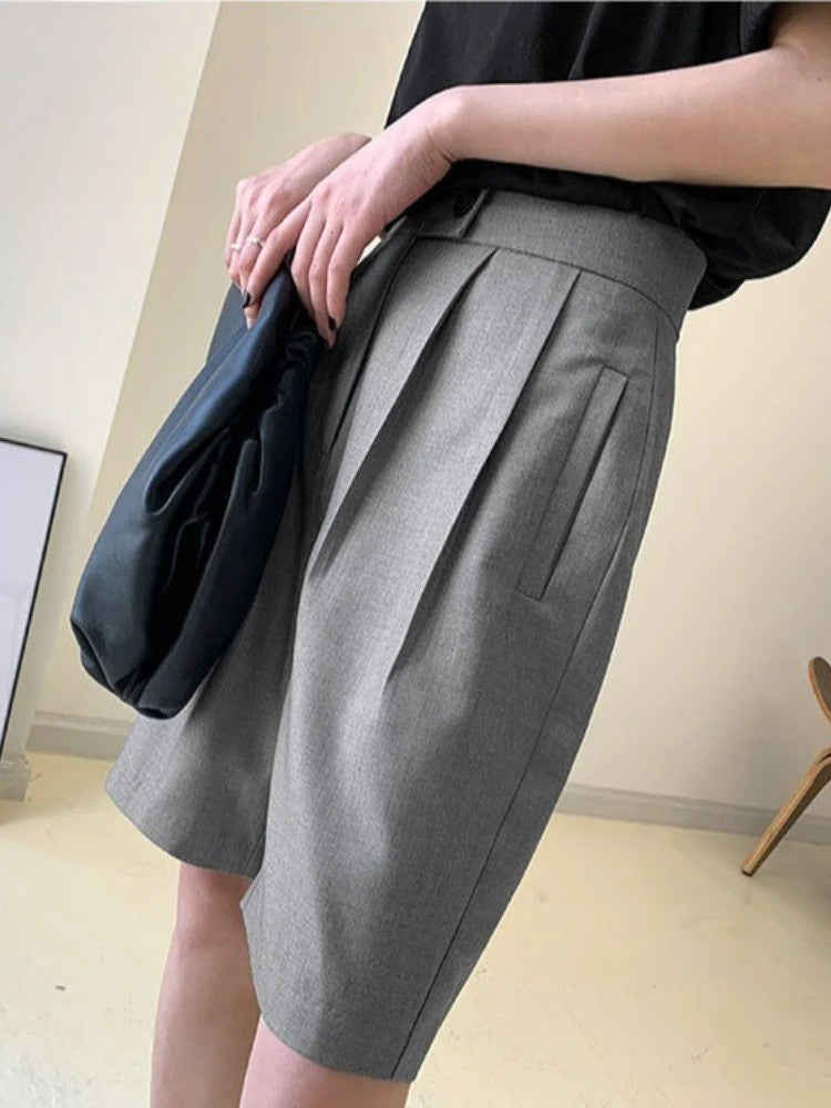 High Waist Wide Leg Suit Shorts for Women Spring Summer Button Straight Short Pants Office Lady Fashion Casual Womens Shorts