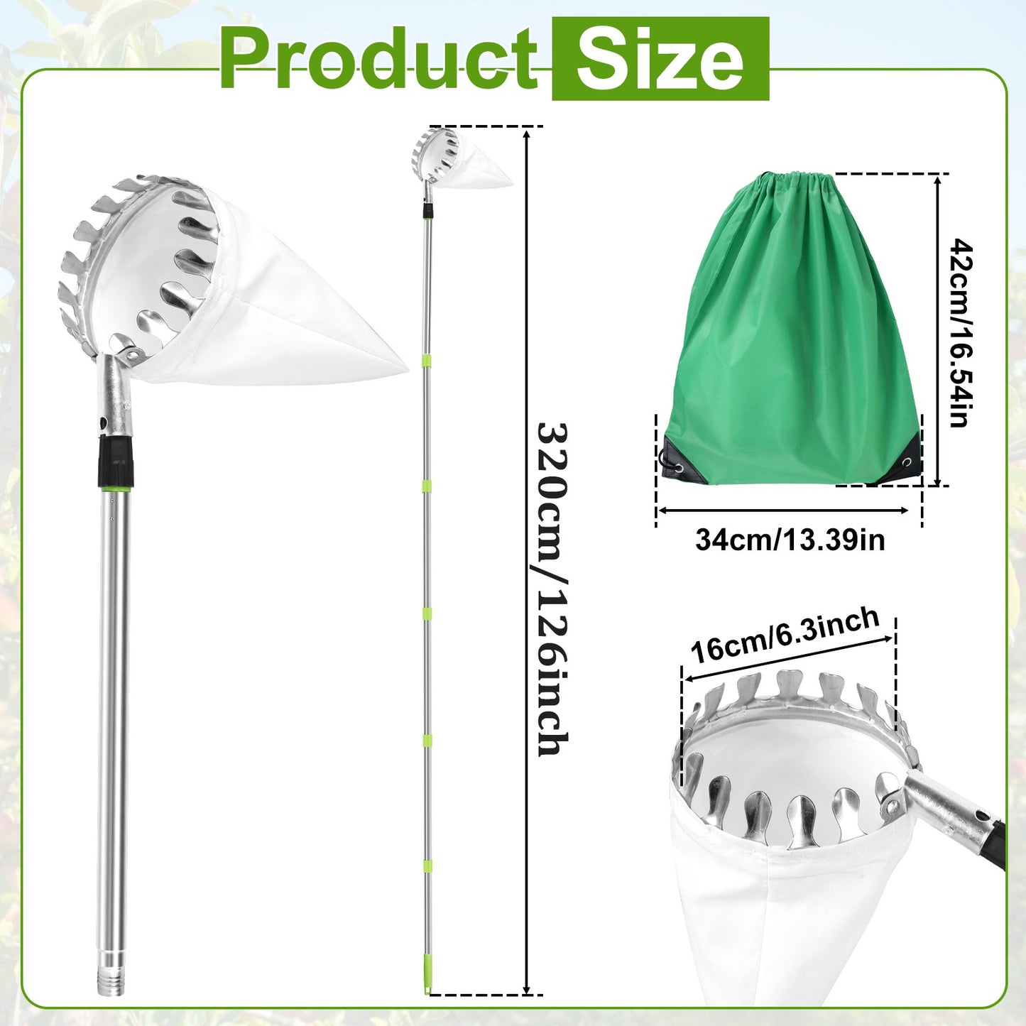 3.2M Fruit Picker Tool Metal Gardening Orchard Picking Tool with Storage Bag Fruit Catcher for Cherry Berry Orange Lemon Pear
