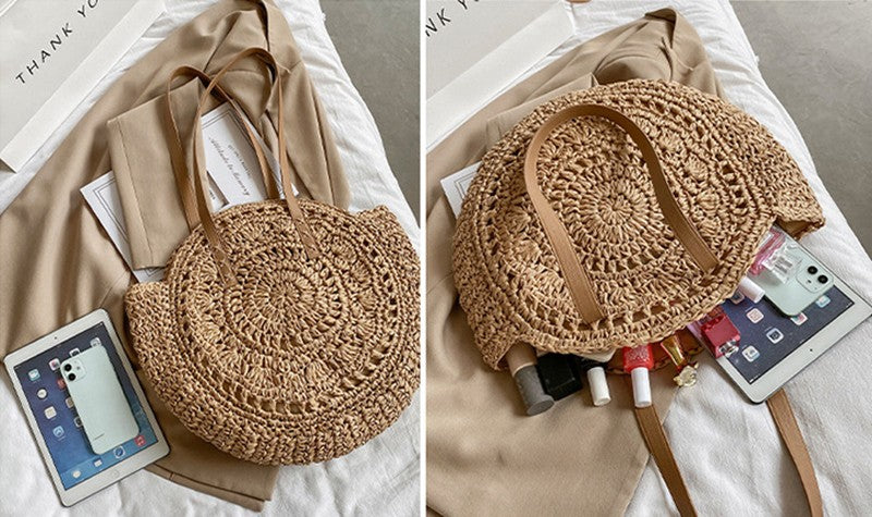 Summer Round Straw Bags for Women Rattan Shoulder Bag Travel Handmade Woven Beach Handbags Female Large Capacity Totes Bag