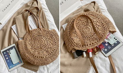 Summer Round Straw Bags for Women Rattan Shoulder Bag Travel Handmade Woven Beach Handbags Female Large Capacity Totes Bag