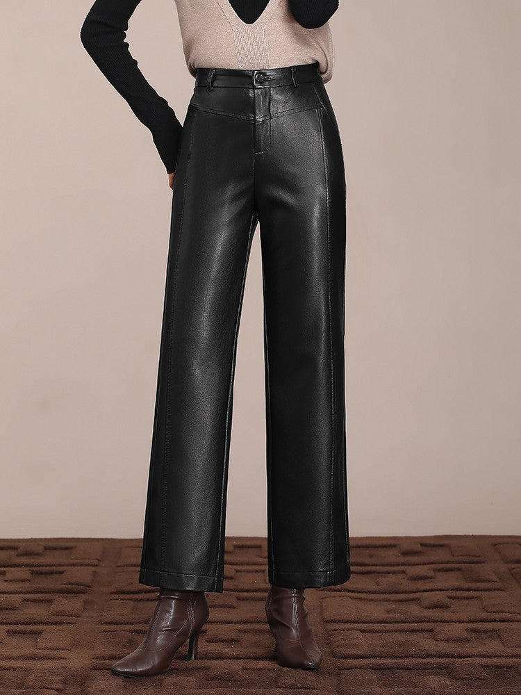 ZUZK Winter Pu Leather Pants New Elastic Waist Straight Pants PU Leather Trousers Large Size Fashion Warm Long Pants