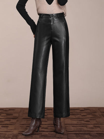 ZUZK Winter Pu Leather Pants New Elastic Waist Straight Pants PU Leather Trousers Large Size Fashion Warm Long Pants