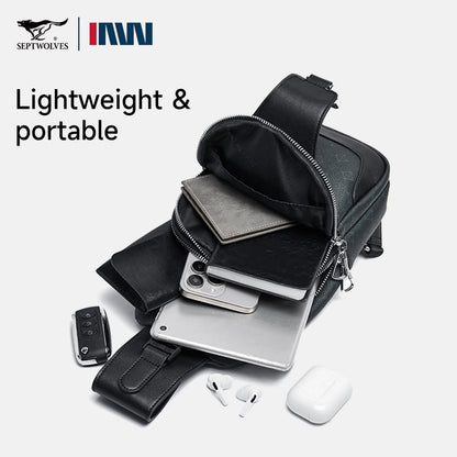 Septwolves Business Thin Printed Leather Crossbody Sling Bag Man Fashion Casual Travel Monogram Print Fabric iPad Shoulder Bag