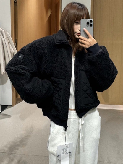 Loose Fit Long Sleeves Short Jacket High Street Zipper Winter Jacket Women Casual Fashion Warm Lamb Fleece Jackets for Women