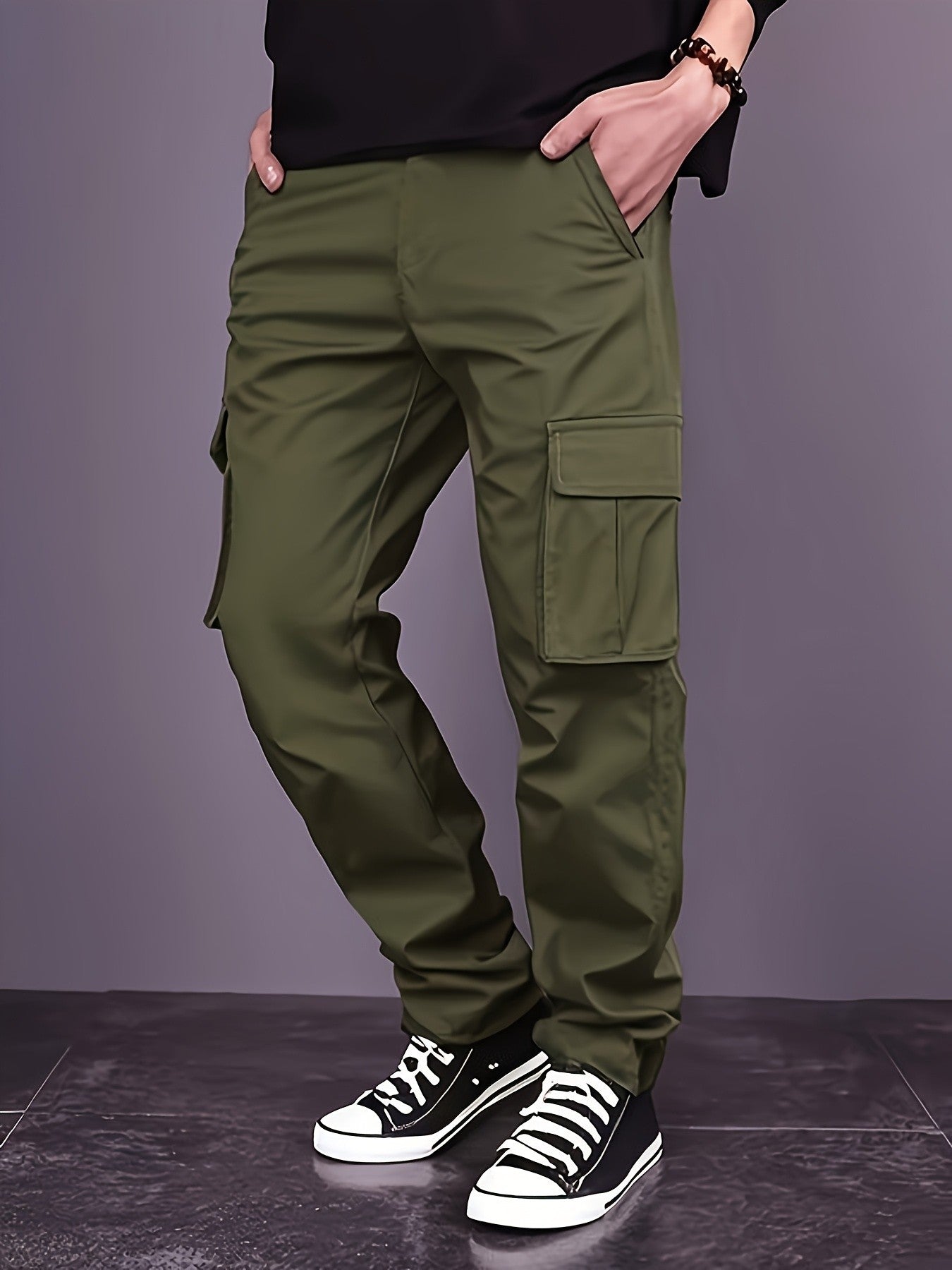 Calça masculina reta de brim com cordão na cintura e bolsos para trabalho casual