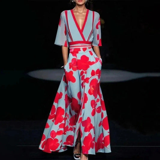 Women Fashion 2024 Spring V Neck Belted Party Long Dress Sexy Printing A-Line Bo