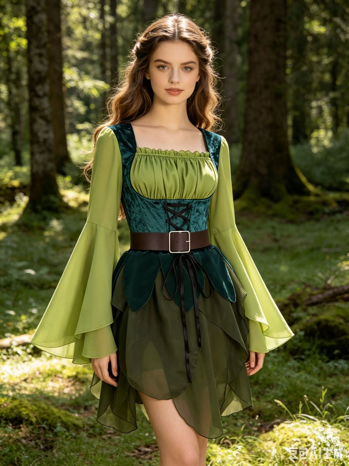 Women's Elf Medieval Green Fairy Dress Magical Elf Dress and Belt with Wings Halloween Cosplay Costumes Elf Cosplay costume