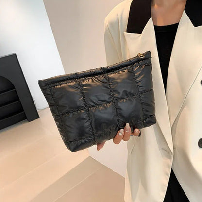 Cotton Filled Puffer Pouch PU Leather Large Capacity Puffer Padded Makeup Bag Waterproof Korean Style Thick Plaid Clutch Bag