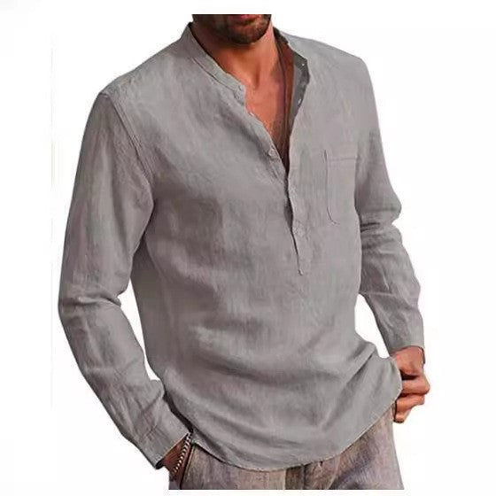 2025 Summer Hot Selling Men's Linen V-neck Long Sleeved Shirt Breathable Casual Beachwear, Business Casual Men's Clothing