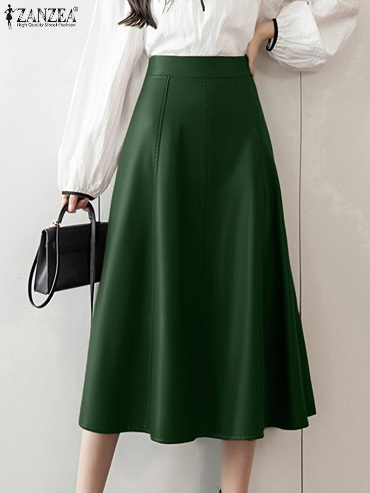 Plus Size 5XL ZANZEA Women PU Leather Midi Jupes Elegant Casual Autumn Loose High Waist Skirt Solid Skirt High Waisted Falda