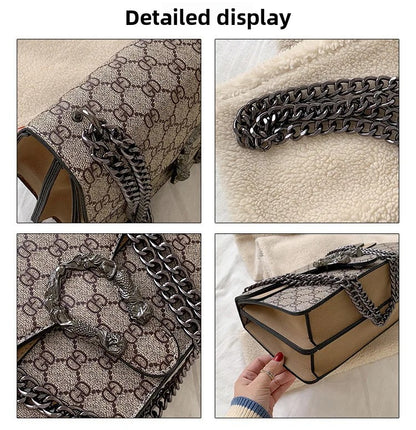 Women Stylish Retro Print Shoulder Crossbody Bag Fashionable Chain Underarm Purse Medium Hardness Polyester Lining