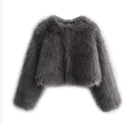 Faux fur jacket Traf   Fall/Winter New Fashion Women's Faux Fur Effect Round Neck Long Sleeve Short Jacket 2025