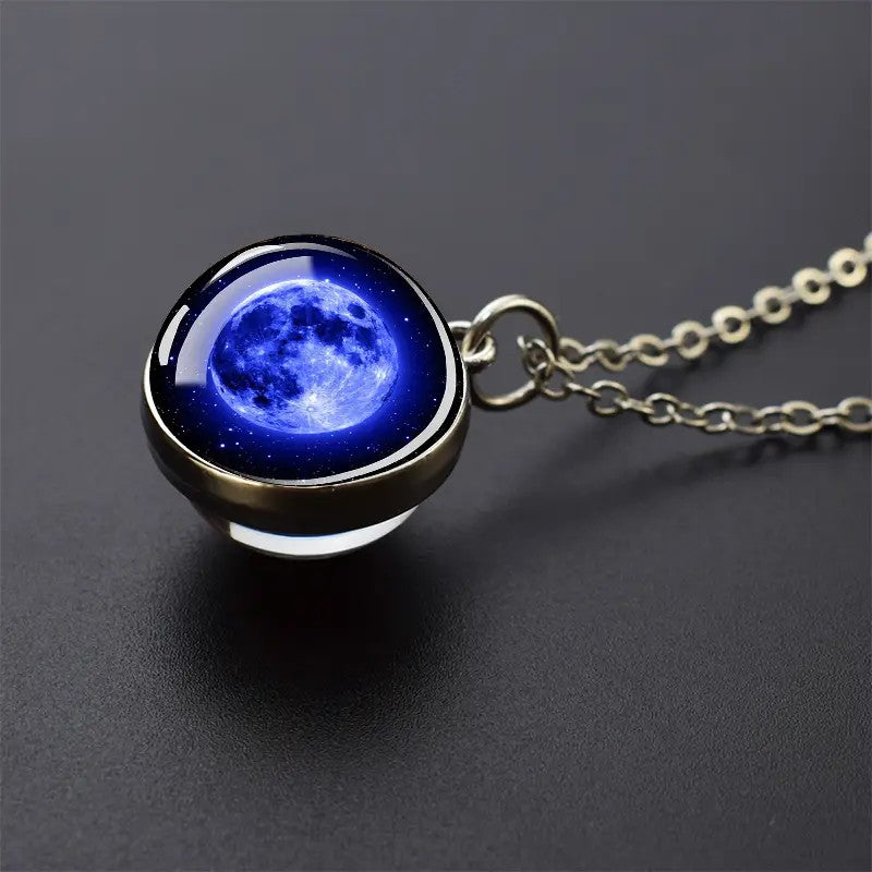 Colar com Pingente de Bola de Vidro Planeta Dupla Face Galáxia Sol Terra Lua Marte Joias