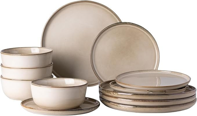 Ceramic Tableware Set for 4, 12-piece Ceramic Plate and Bowl Set, Scratch-resistant Tableware, Dishwasher-safe