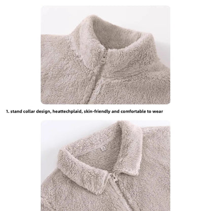 Women's Double-Sided Fleece Jacket Grey Warm Stand-Collar Thick Winter Outerwear Trendy Sweatshirt Style Casual Loose Fit
