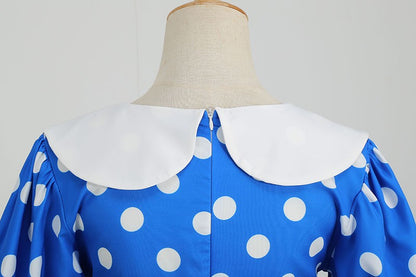 Elegant Women Summer Dress Puff Short Sleeve Polka Dot Peter pan Collar Vintage A-line Midi Long Party Sundress