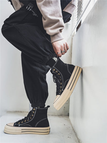 Novos Sapatos Masculinos de Cano Alto com Sola Plana, Botas de Trabalho Casuais para Exteriores com Sola Grossa, Sapatos Masculinos para Caminhada, Tênis de Lona de Cano Alto para Casais
