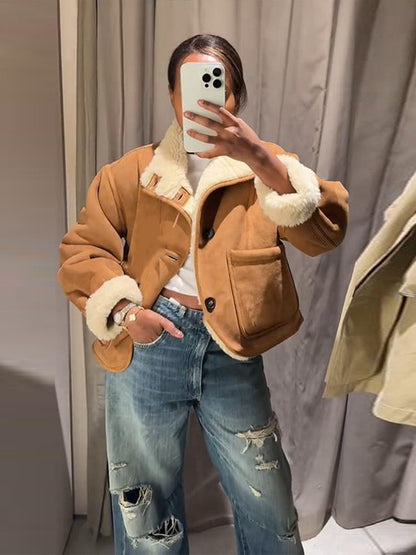 Suede Plush Both Sides Women's Coat Jacket Single Breasted Stand-Up Collar Pockets Female Jackets Autumn Loose Solid Coat Ladies