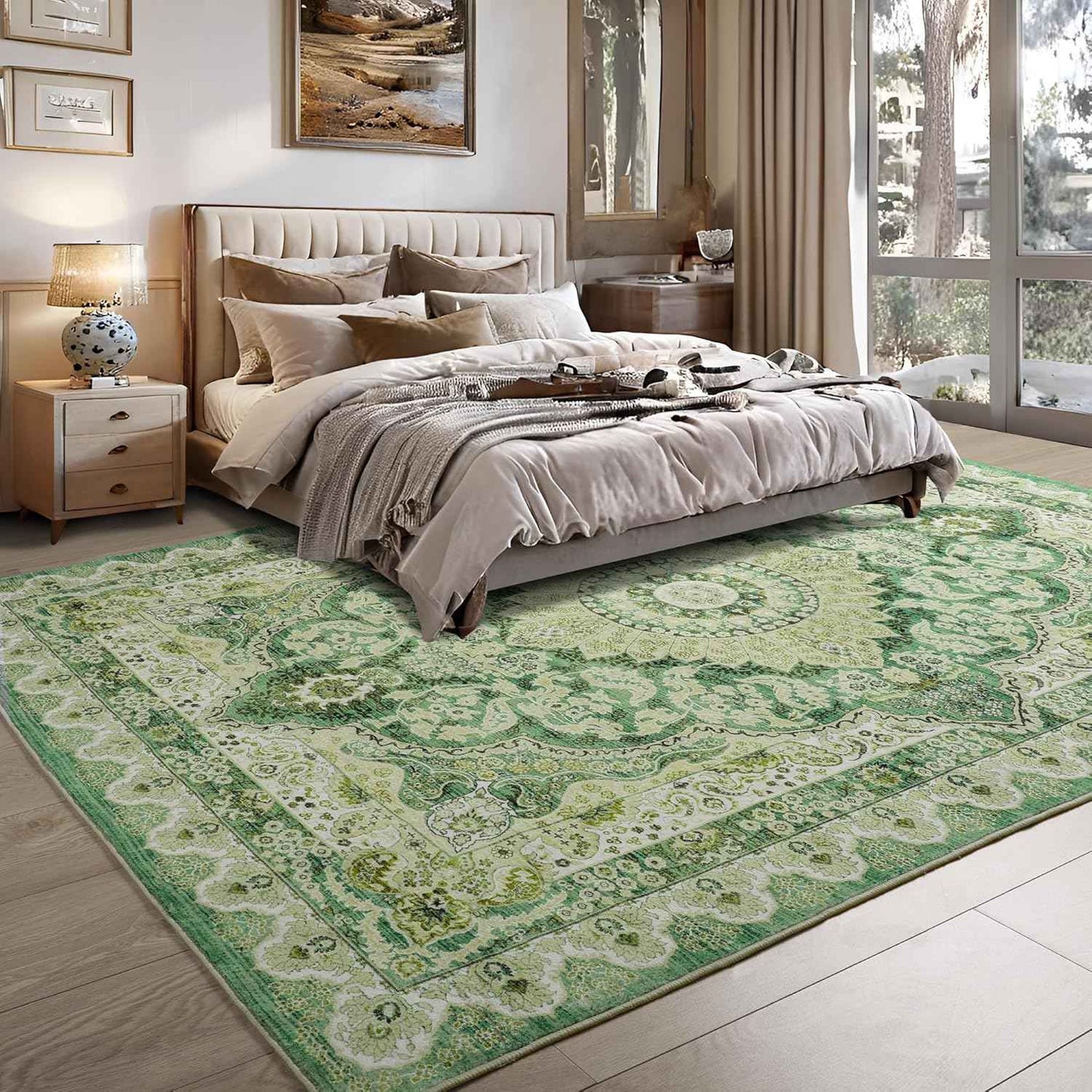 Area Rugs for Living Room, Machine Washable Vintage Rug, Non-Slip Low Pile Throw Rugs with Rubber Backing Washable Carpet