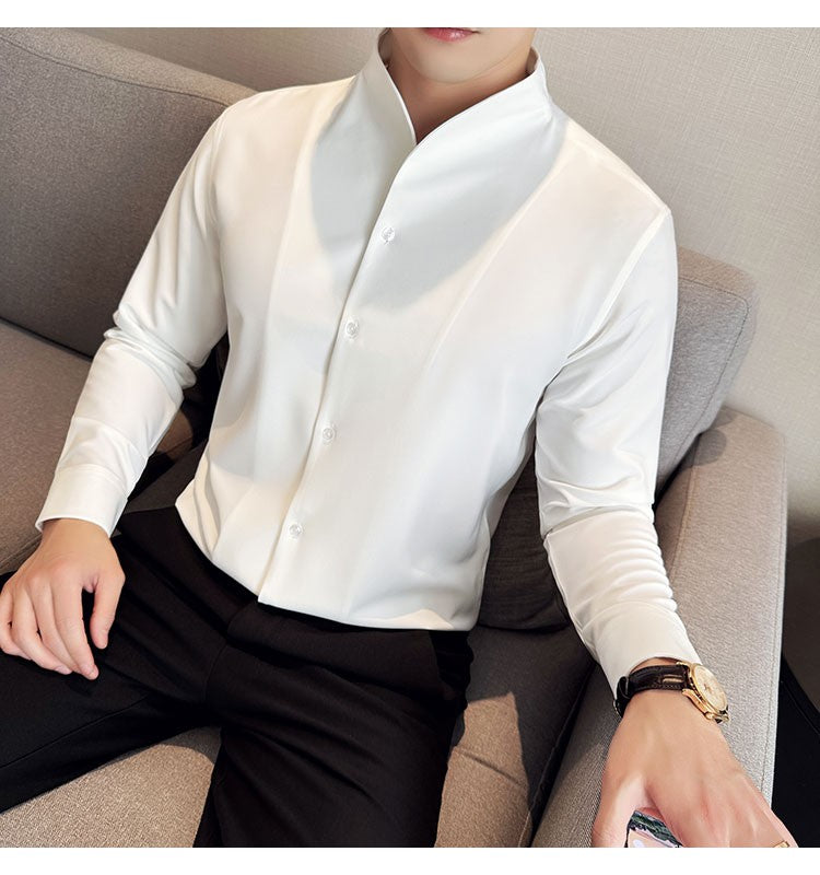 Advanced Sexy V-neck Men's Long Sleeved Shirt Designer Stand Up Collar Shirt Business Social Slim Fit Black and White Top