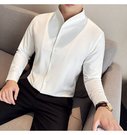 Advanced Sexy V-neck Men's Long Sleeved Shirt Designer Stand Up Collar Shirt Business Social Slim Fit Black and White Top