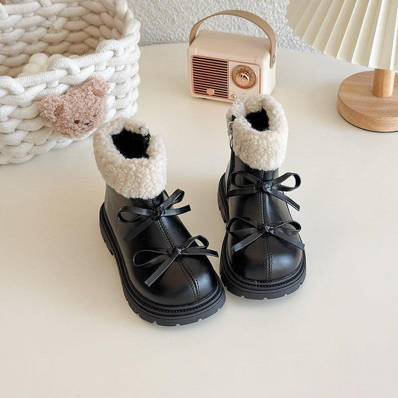 Girls Padded Fashion Leather Boots 2-18 Years Old Thickened Bow Hairy Girls Cotton Shoes Winter Beige Soft Non-slip Kids Boots