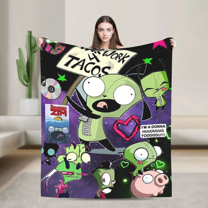 Invaders Zim Funny Character Throw Blankets Soft Warm Bedding for Couch Chair Camping Spring Bedspread