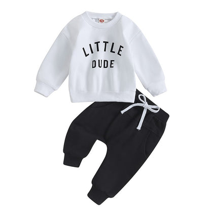 Roupas de Outono Inverno para Bebês Meninos, Conjunto de 2 Peças de Moletom de Manga Comprida com Estampa de Letra "Little Dude" e Calças