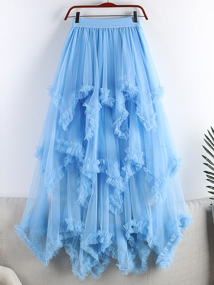 TIGENA Tutu Tulle Long Skirt for Women 2023 New Summer Korean Aesthetic Cute Irregular Mesh High Waist Maxi Skirt Female Purple