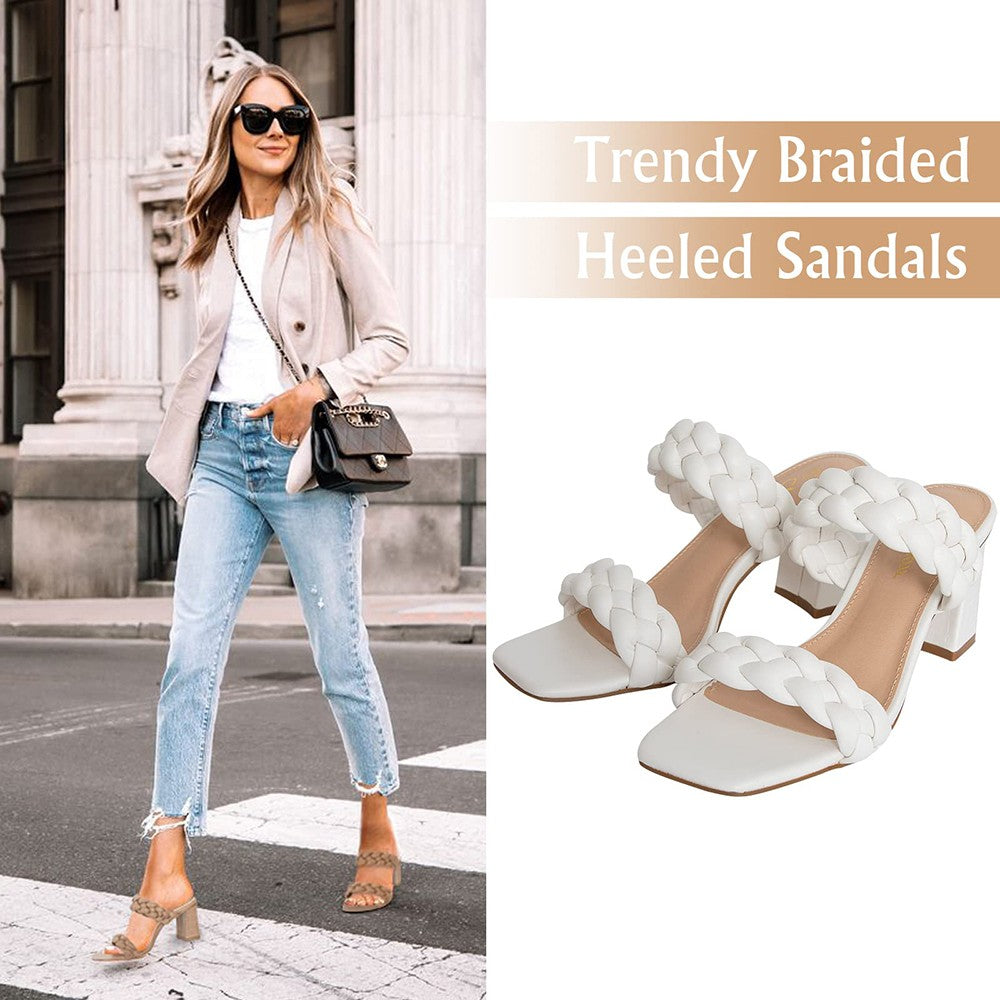 Elegant Women's Braided Heels Sandalias Fashion Strappy Square Sandals Open Toe Backless Mules Slip On Block Heeled Shoes