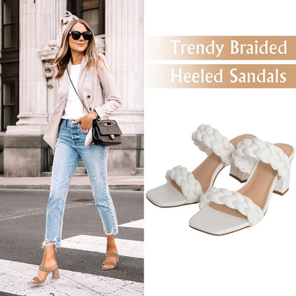 Elegant Women's Braided Heels Sandalias Fashion Strappy Square Sandals Open Toe Backless Mules Slip On Block Heeled Shoes