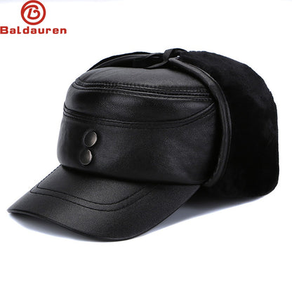 2025 New Style Men Ear Flap Genuine Leather Hat Winter Vintage Baseball Caps Thicken Warmer Flat Hats Fashion Real sheepskin Cap