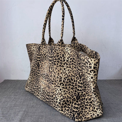 Korean Fashion Leopard Pattern Shoulder Bag Trendy Letter Embroidery Tote Bags Women Canvas Large Capacity Handbag Shopping Bags