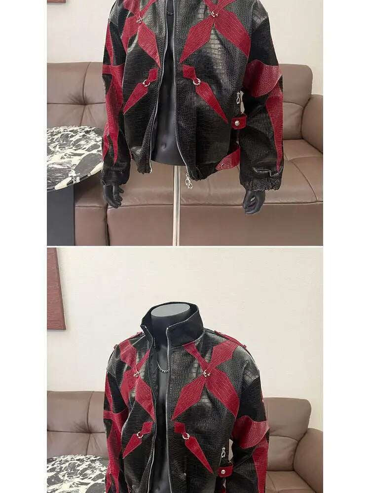 PFHQ Men's PU Leather Jacket 2025 Zipper Stand Collar Contrast Color Korea Fashion Darkwear Male Tops Casual 21E2807
