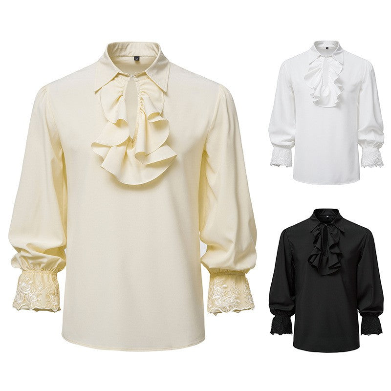 Men Steampunk Ruffle Shirt Long Sleeve Lace Cuff Medieval Victorian Halloween Costume Tops