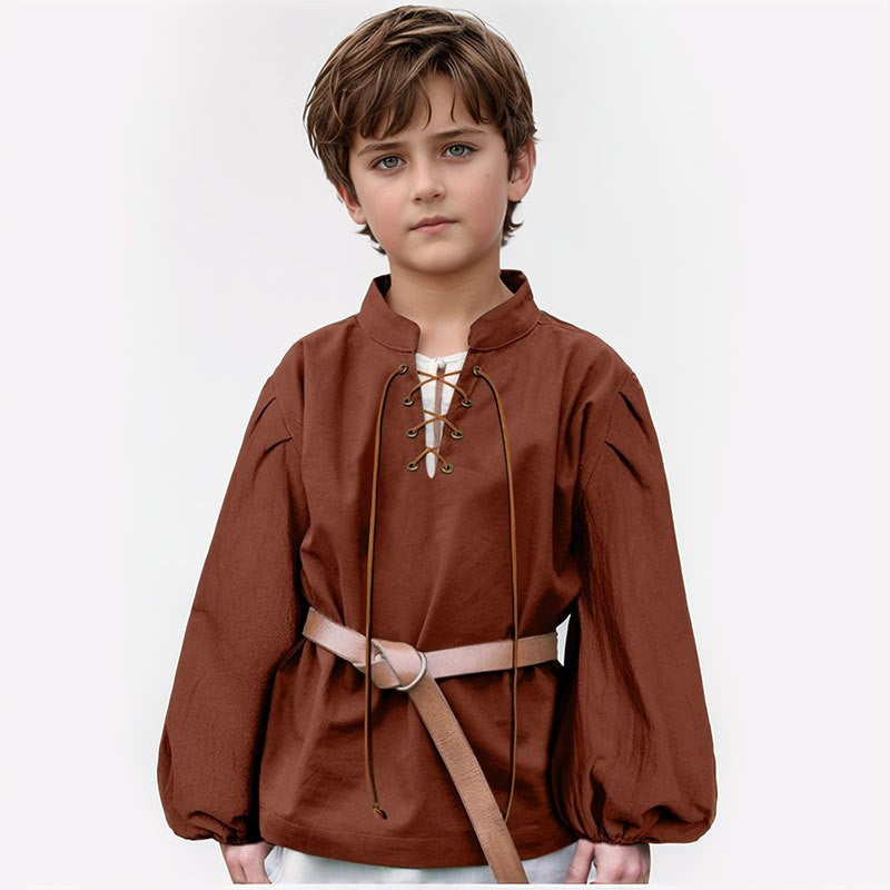 Boys Medieval Pirate Shirt Kids Renaissance Lace up Halloween Scottish Jacobite Ghillie Costume Tops Viking Colonial Costume Top