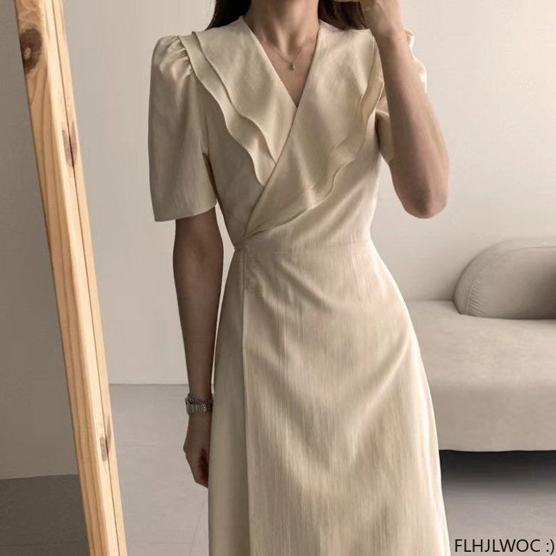 South Korea Chic Midi Dress Women Summer Japan Style Retro Vintage Design Ruffle