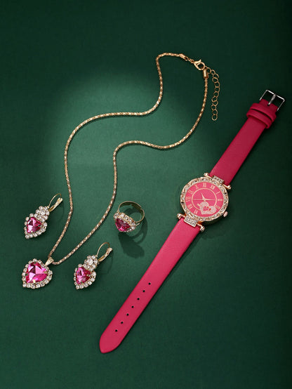 5PCS Wo5PCS Women's Love Set Diamond Dial Fashion men's Love Set Diamond Dial Fashion Versatile Alloy Case Pointer Leather Watch