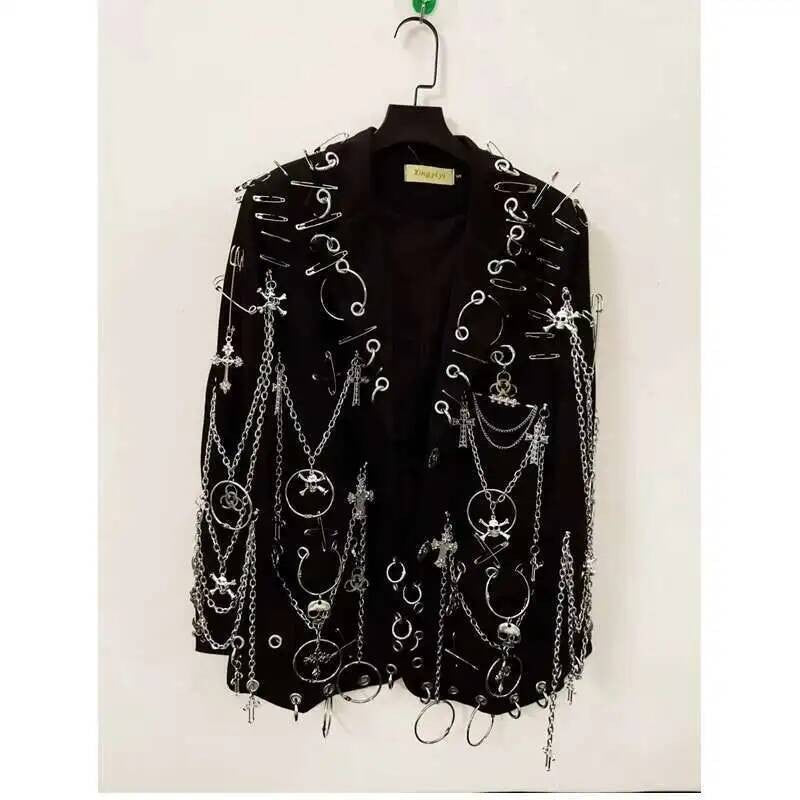 WVGA Spring Autumn New Men Y2K Dark Techwear Gothic Chain Design Blazer Punk Rock Heavy Beaded Niche Chic Casual Suit-Coat W8497