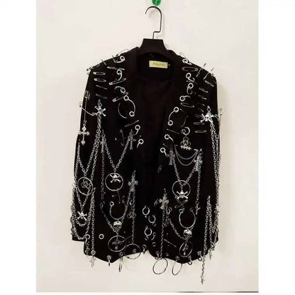 WVGA Spring Autumn New Men Y2K Dark Techwear Gothic Chain Design Blazer Punk Rock Heavy Beaded Niche Chic Casual Suit-Coat W8497
